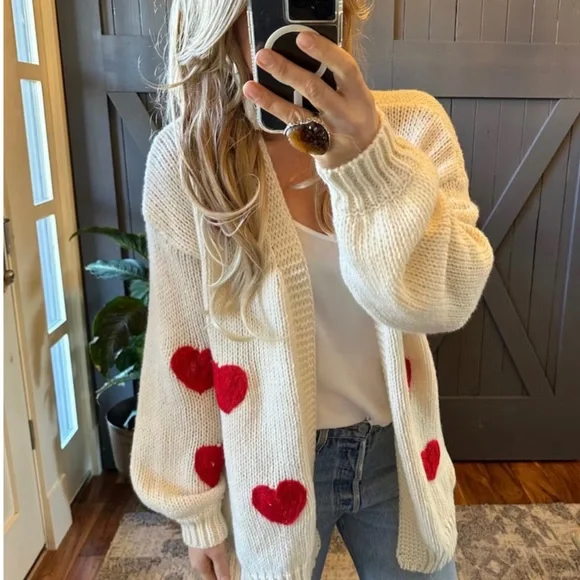 New Heart Embroidered Cardigan Sweater ~ Sweetest Oversized Knit Valentine' Day - Picture 7 of 9